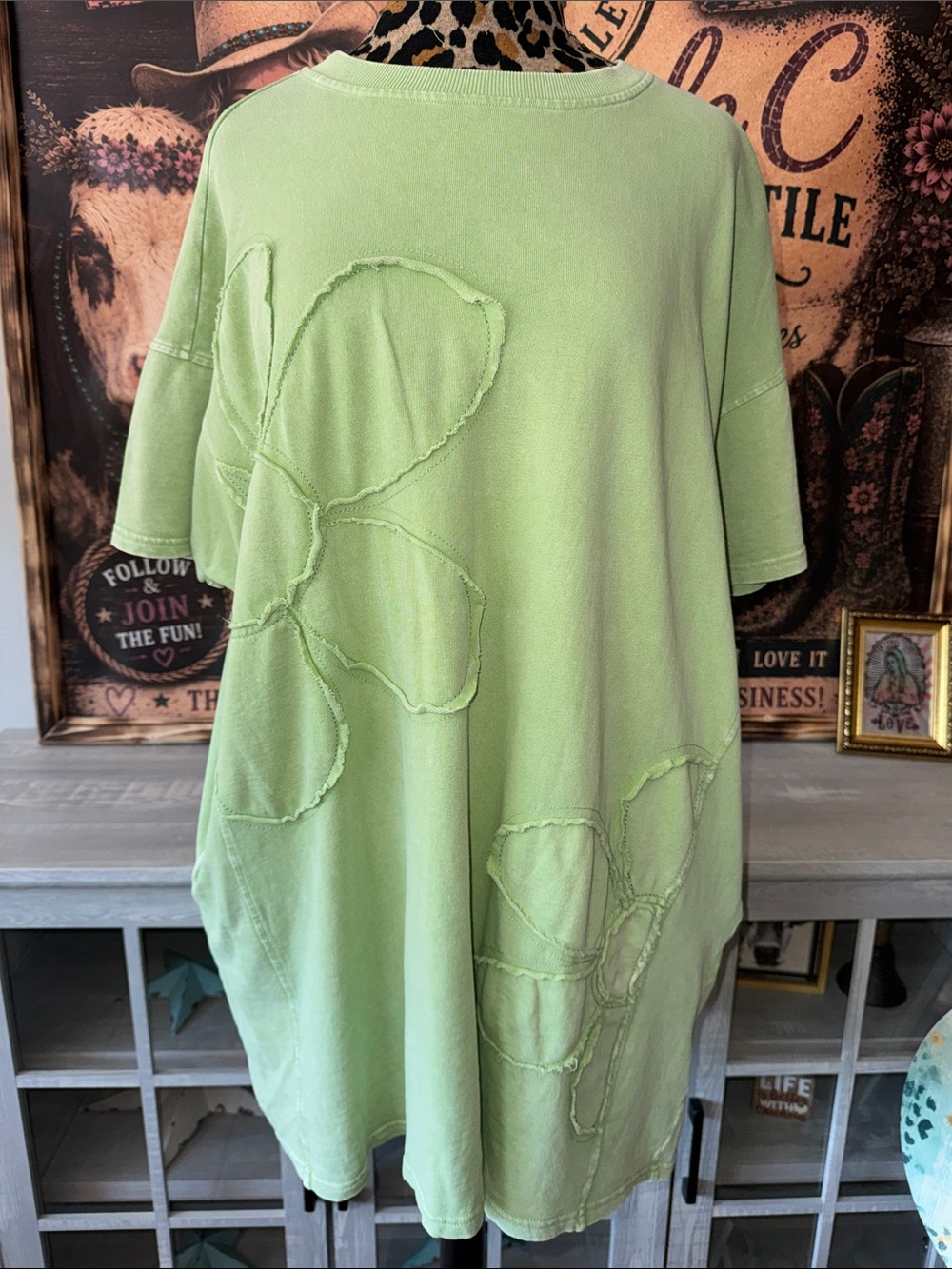 Easel Size Large Lettuce Green Oversized Mini Dress Raw Edge Floral Applique